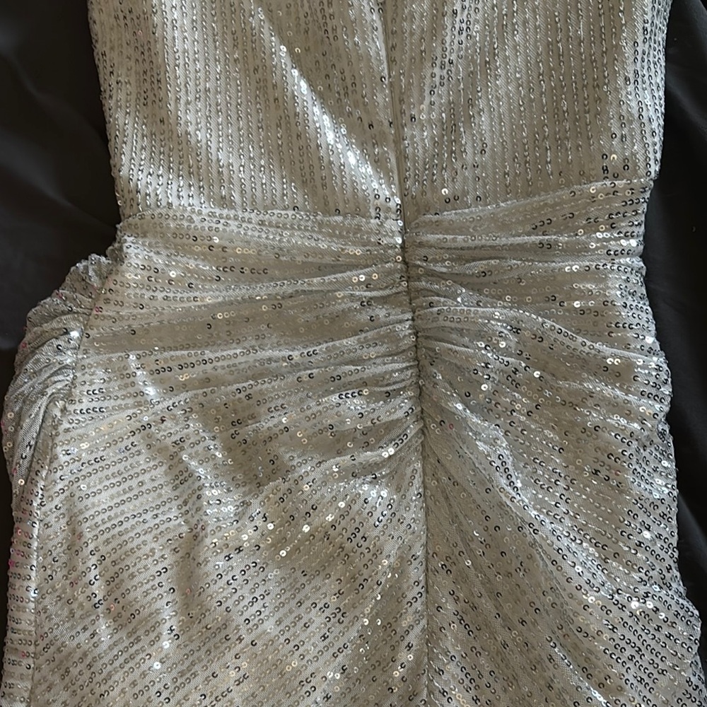 Silver Off-Shoulder Ruched Cocktail Mini Dress - Picture 3 of 3